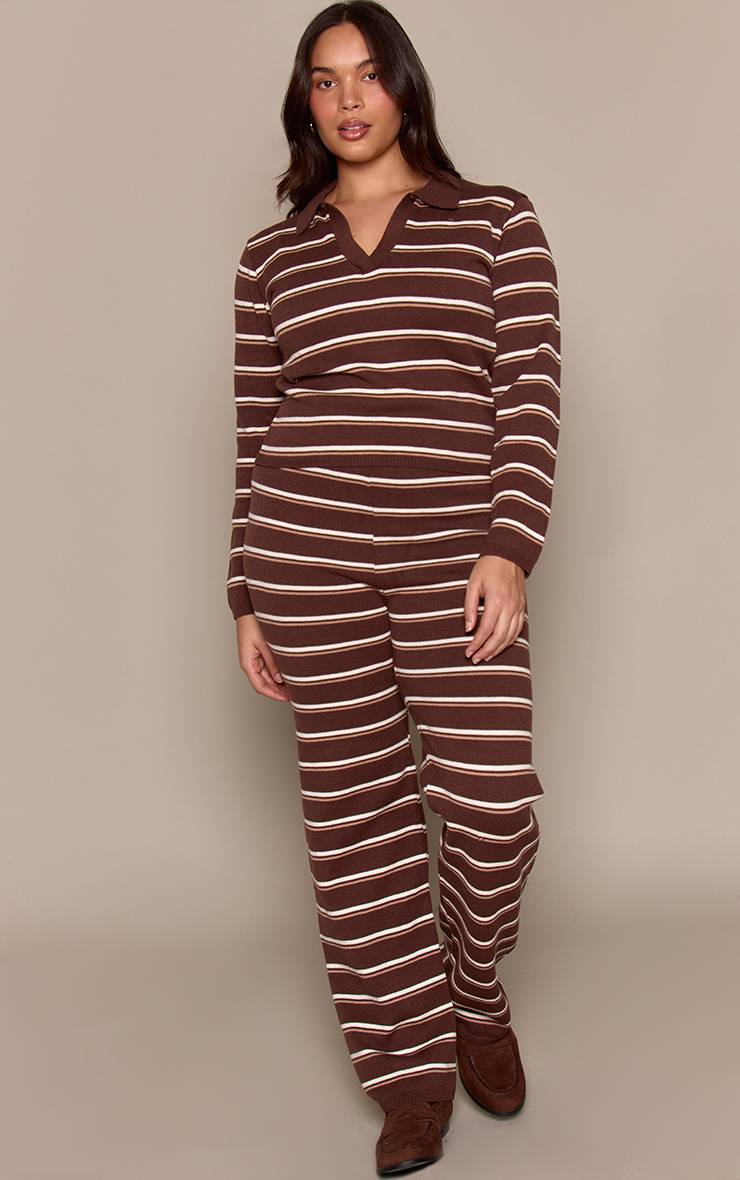 Chocolat Pantalon Large Grande Taille En Maille Compacte À Rayures