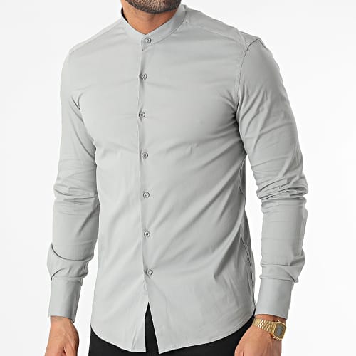 Chemise Manches Longues Col Officier Gris