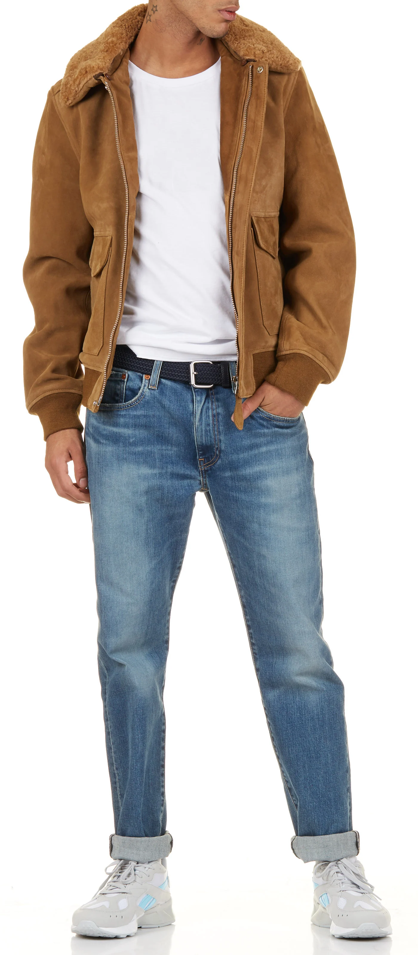 Blouson aviateur ajusté col mouton amovible en daim | Marron