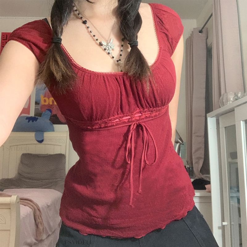 Genrovia - Off-shoulder effen vetertop met doorschijnende details
