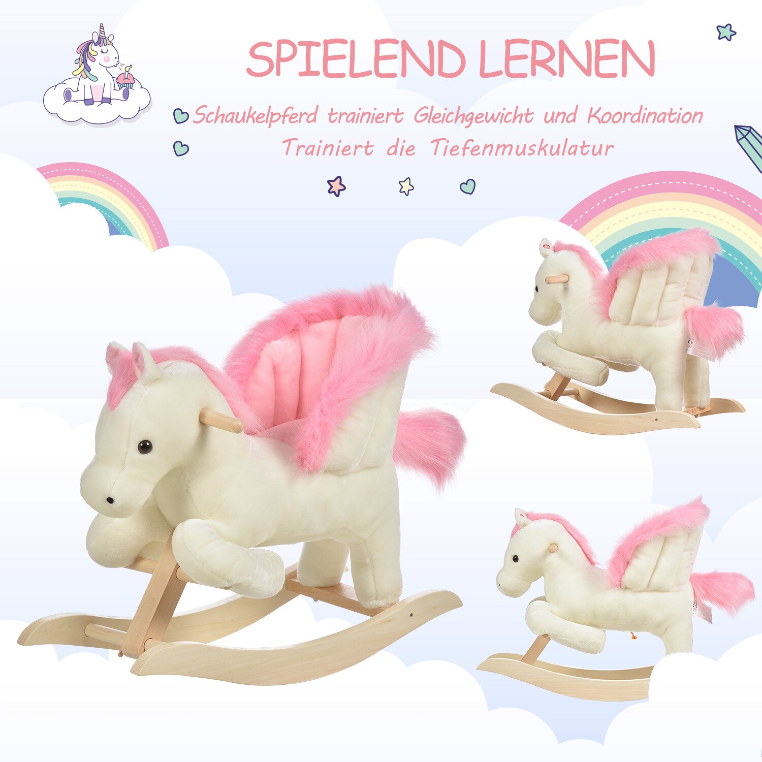 HOMCOM Schaukelpferd mit Tiergeräusche weiß, rosa 70 x 28 x 57 cm (LxBxH)