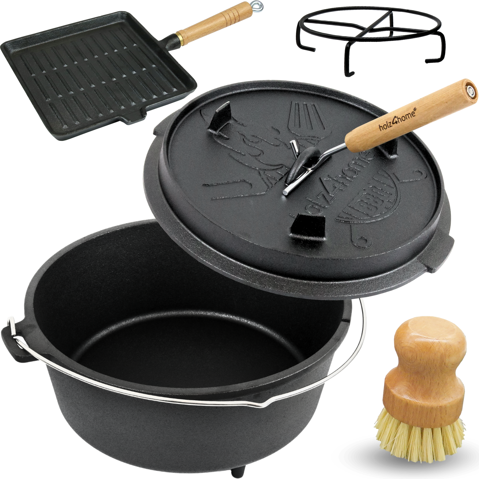 holz4home® Dutch Oven Set 6-teilig I eingebrannter Feuertopf 9L aus Gusseisen I inkl. Pfanne, Topfständer, Deckelheber und Reinigungsbürste