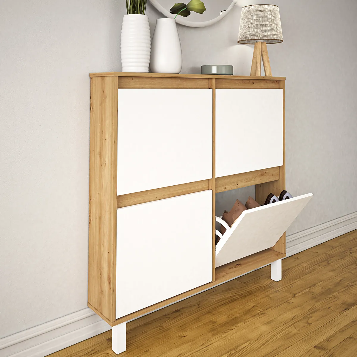 pegane Meuble à chaussures 4 portes chêne blanc