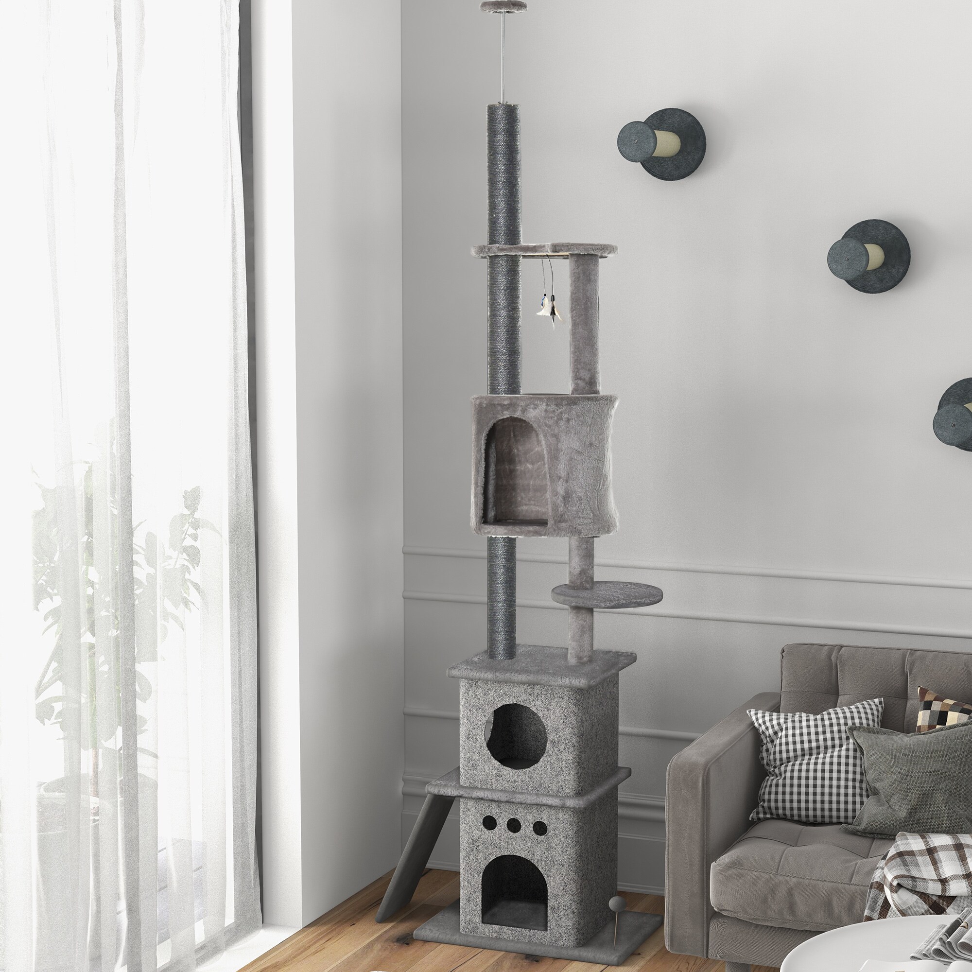 PawHut Kratzbaum Höhenverstellbar und mit Katzenspielzeug grau 60L x 40B x 225-255H cm