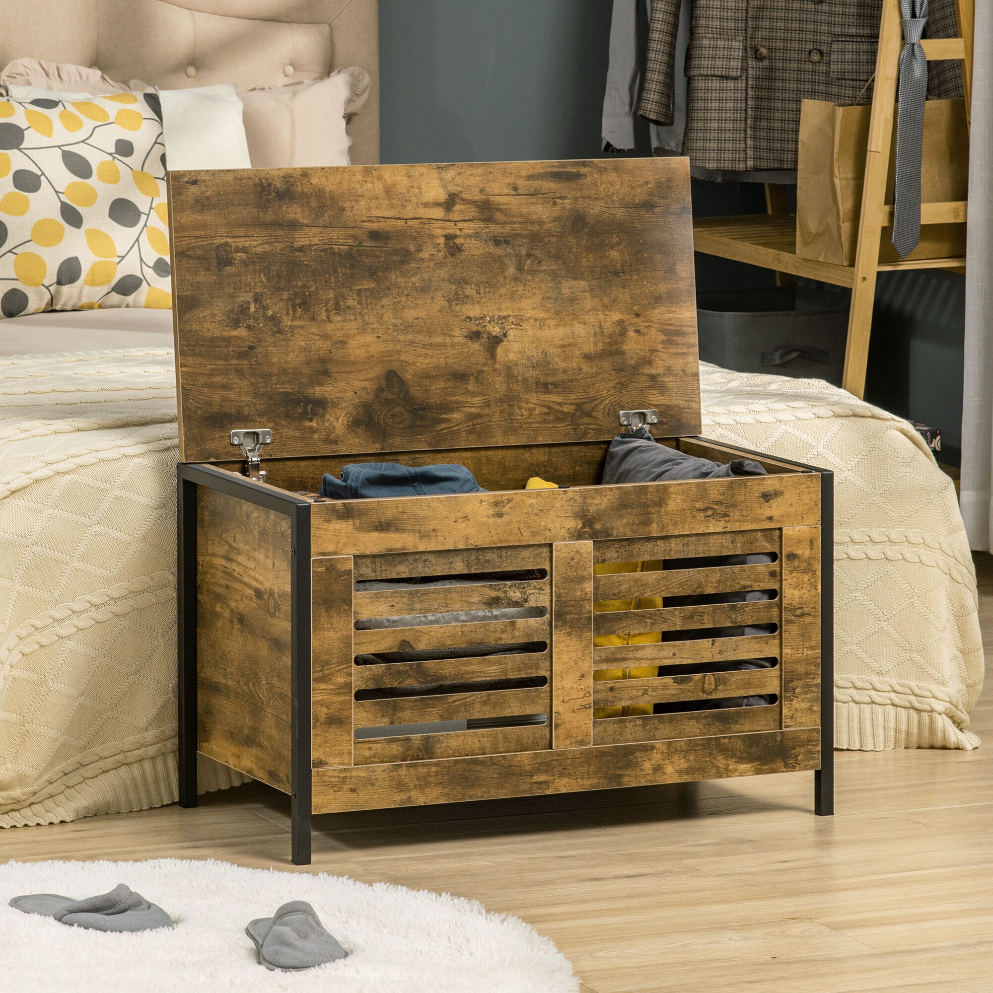 HOMCOM Aufbewahrungstruhe mit Deckel braun 80L x 40B x 49H cm