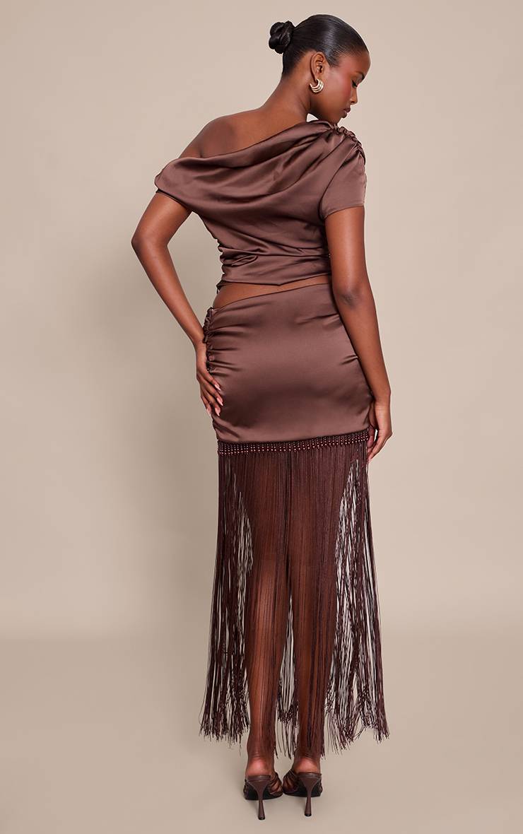 Chocolate Brown Ensemble Jupe Mini À Ourlet À Franges Perlées En Satin