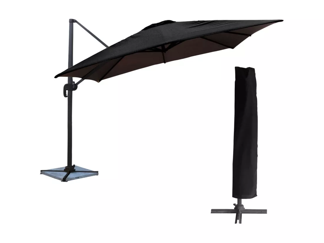 Parasol déporté MOLOKAI carré 3x3m noir + housse - HAPPY GARDEN