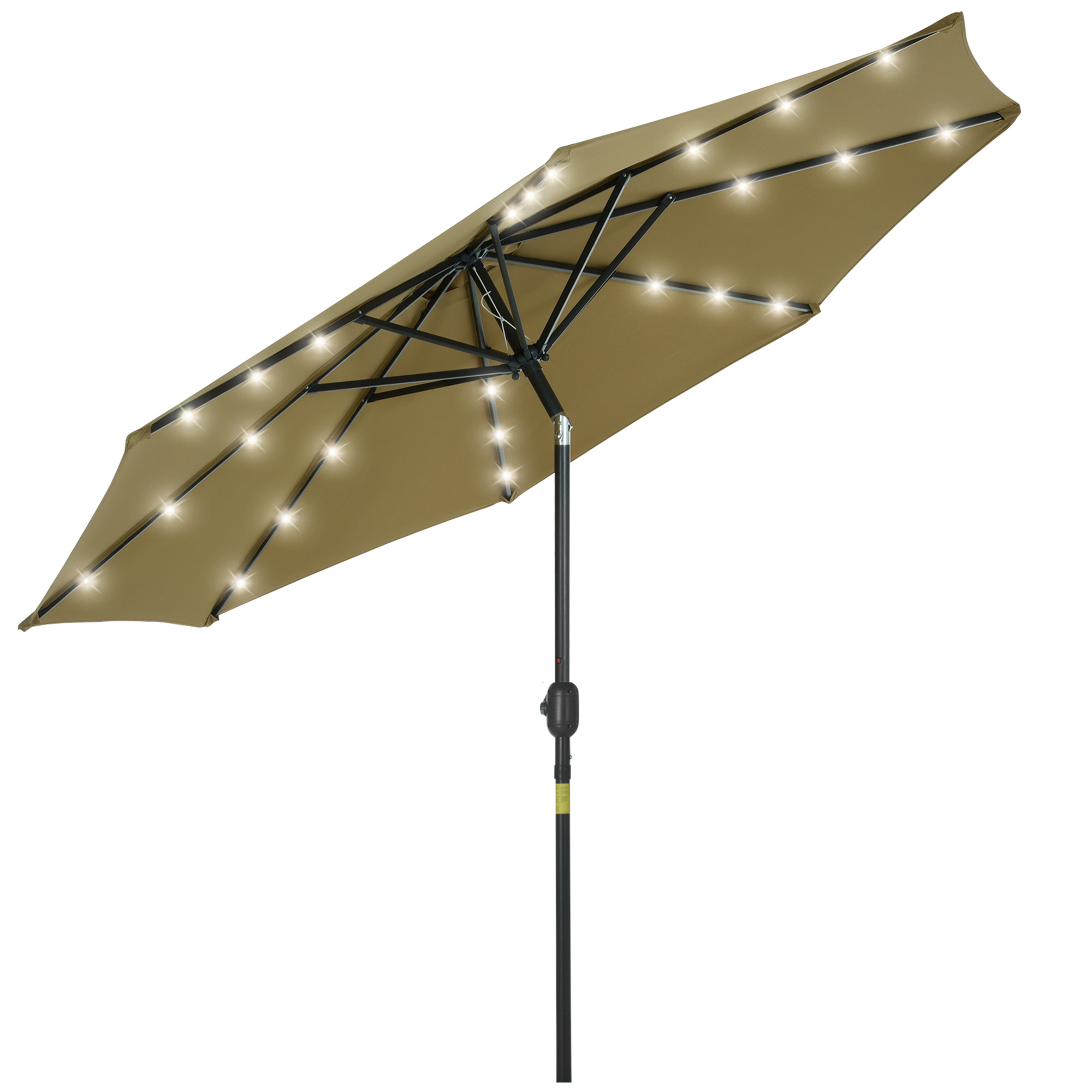 Guarda-sol de jardim Outsunny Ø268x238 cm com 24 luzes solares LED, mecanismo de inclinação com manivela e mastro de metal removível para piscina e pátio, marrom.