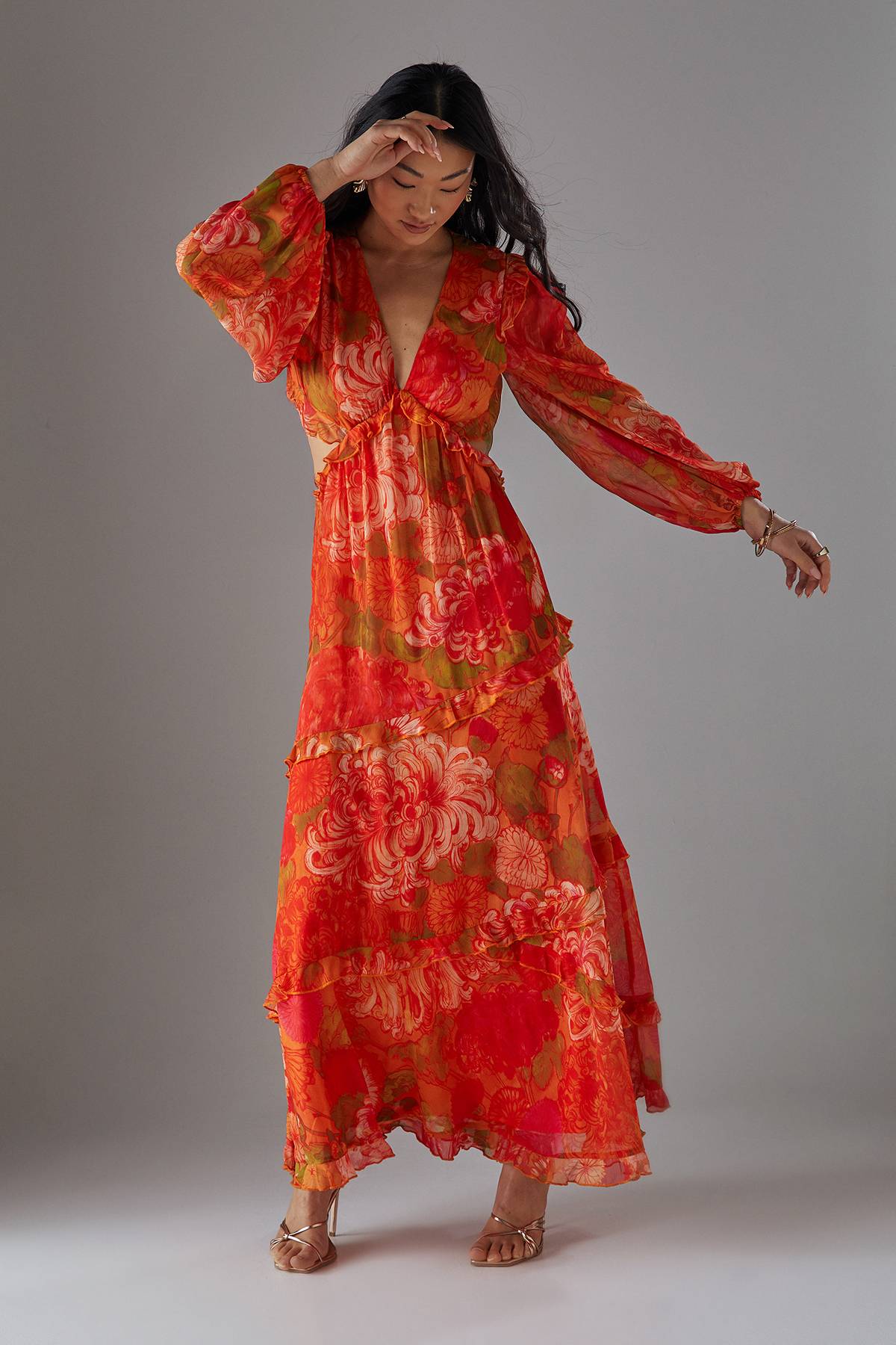 Warehouse Robe Maxi Petite En Mousseline Avec Découpe À La Taille Et Volant