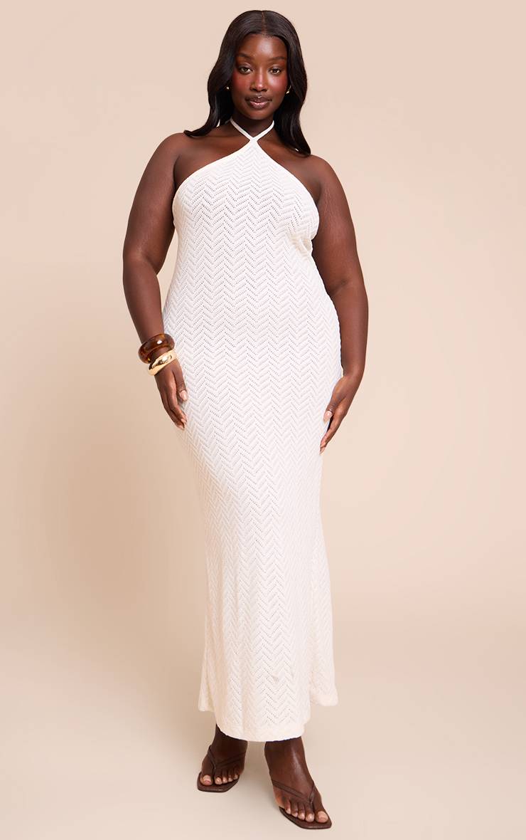 Crème Robe Longue Grande Taille Texturée À Col Licou Avec Liens