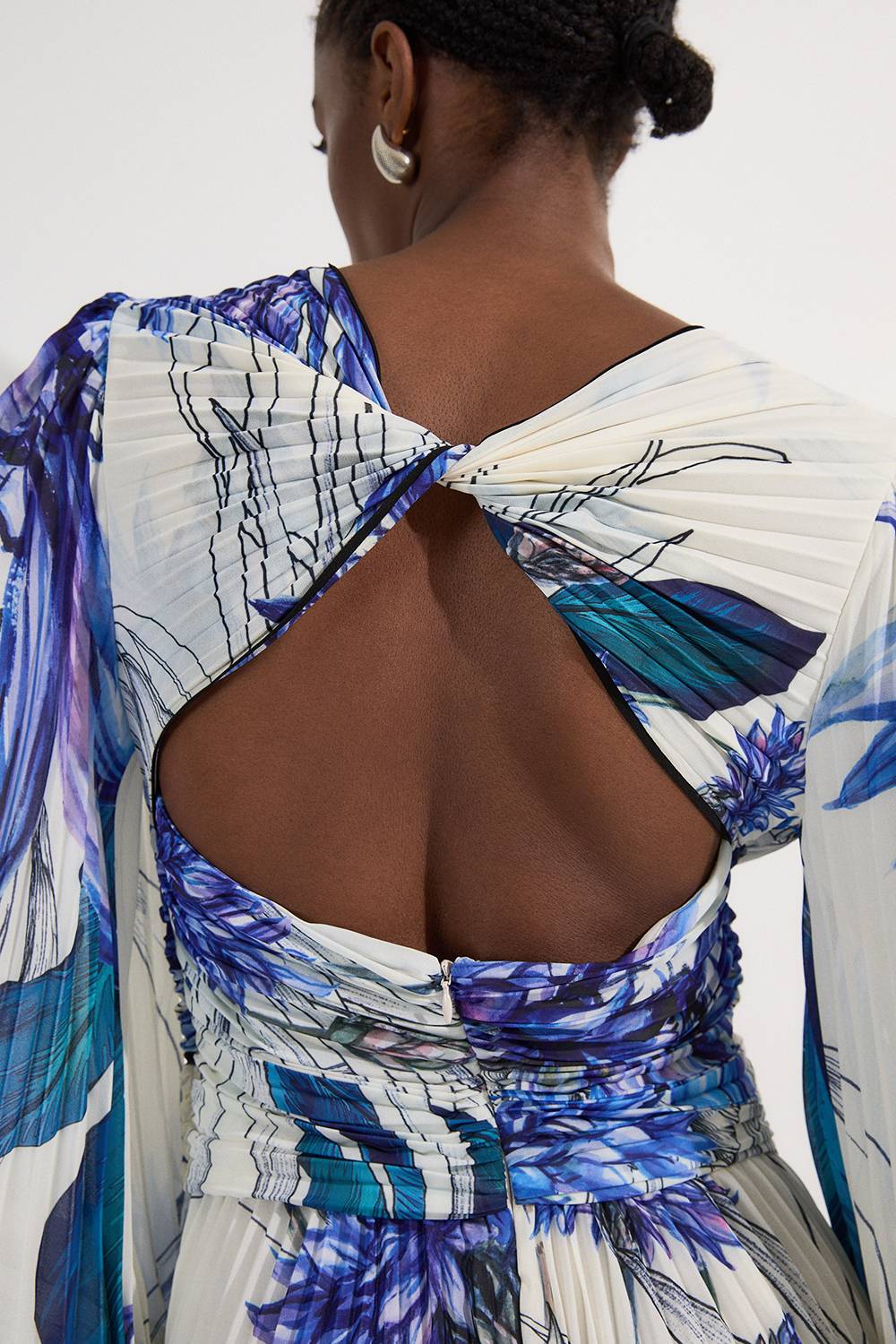 KarenMillen Robe maxi longue tissée à imprimé fleuri, manches ballon, plissée, effet froissé et découpes