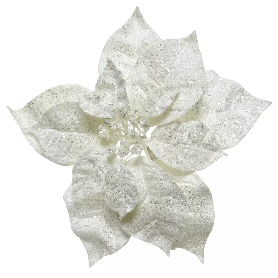 Poinsettia de Noël pailletée sur clip (D26 cm) Glit Blanc