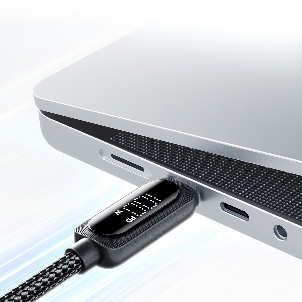 (2m) 100W USB C auf USB C Ladekabel Nylon Datenkabel mit LED Spannungs Anzeige - Schwarz