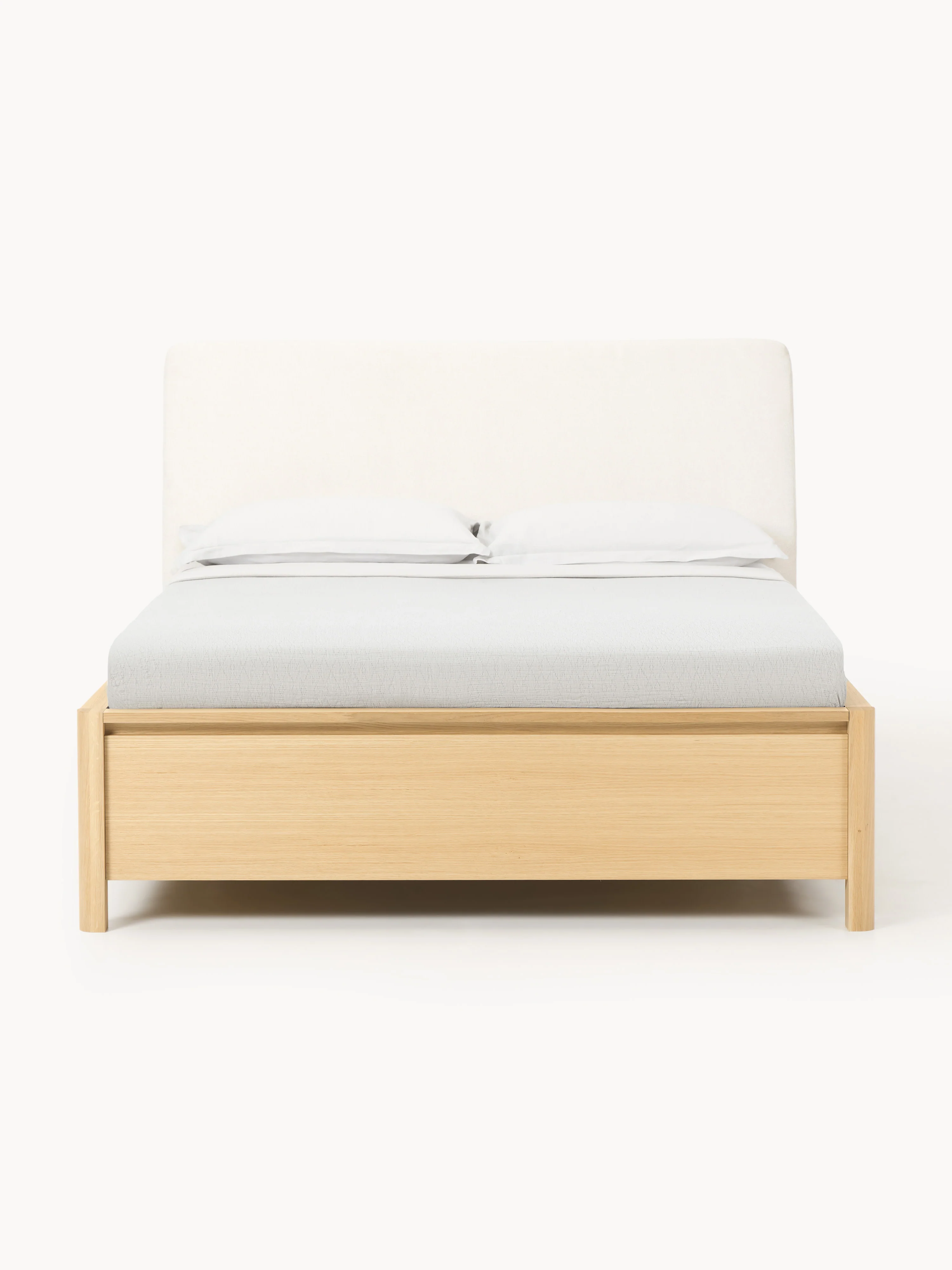Houten bedframe Santiago met gestoffeerd hoofdeinde en lades