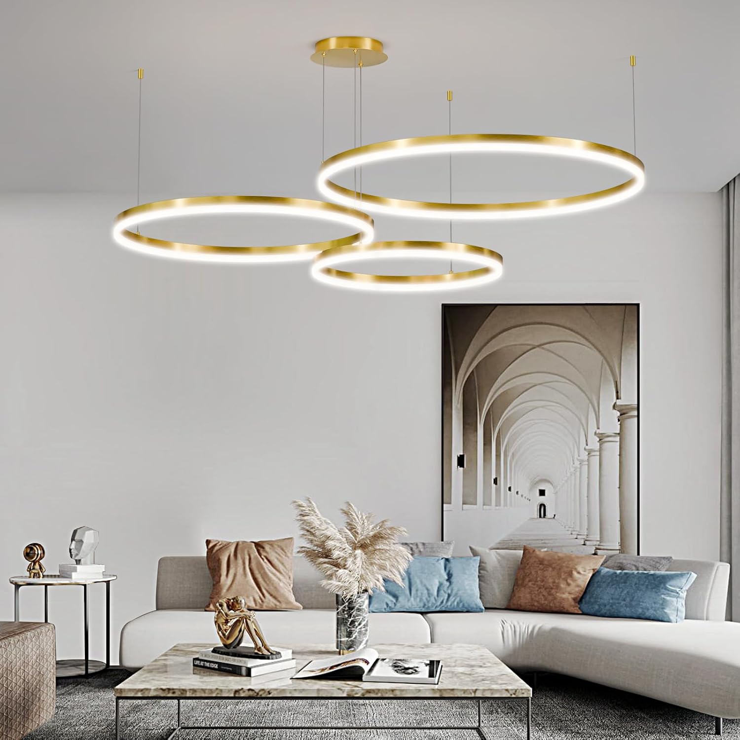 Mikeru Led Pendelleuchte, Gold Wohnzimmerlampe ø40+60+80cm Verstellbare Runde Pendellampe, 85w 3-Ring Kreisförmige Led Hängelampe Mit Memory-Funktion 10%-100% Dimmbarer Kronleuchter Kücheninsel