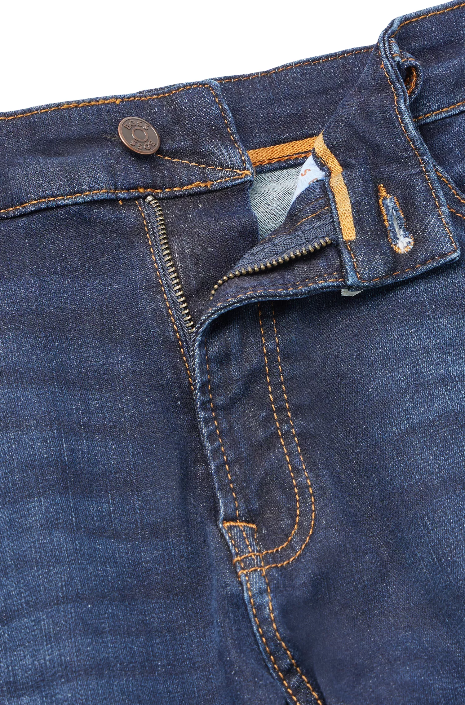 Calça jeans BOSS laranja, corte regular, em denim superelástico índigo escuro.