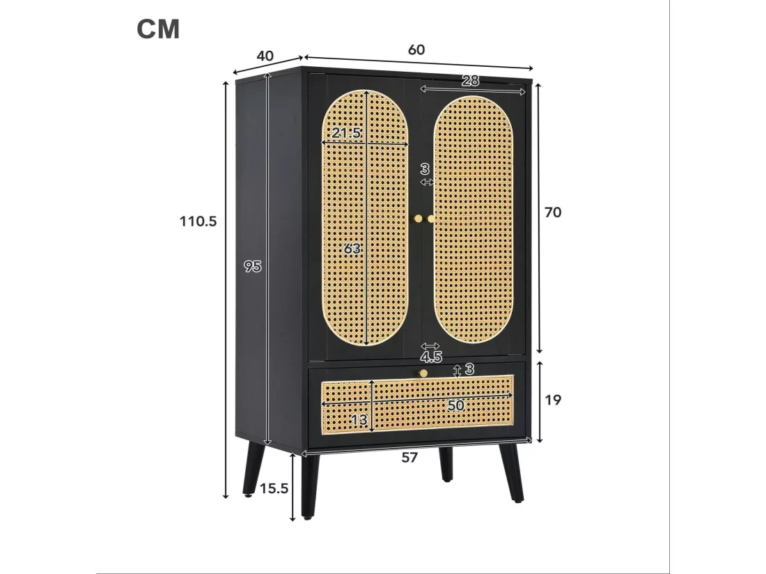 Buffet compact multifonctionnel en rotin noir,d60cm×h110.5cm