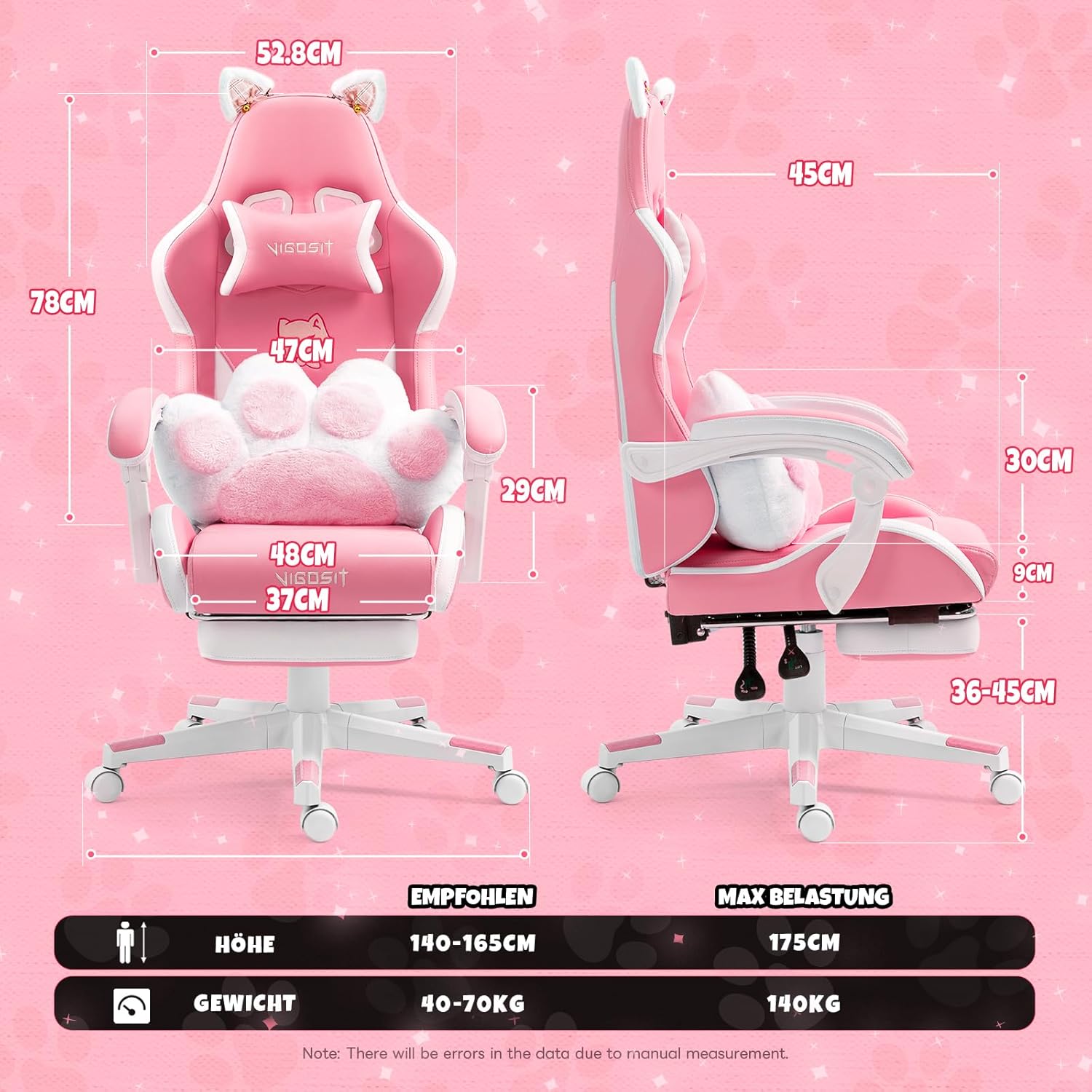 Cute Gaming Stuhl mit Katzenpfote Lendenkissen und Katzenohren, Ergonomischer Gamer Stuhl mit Fußstütze, Verstellbarer PC-Spielesessel für Mädchen, Teenager, Kinder, Pink