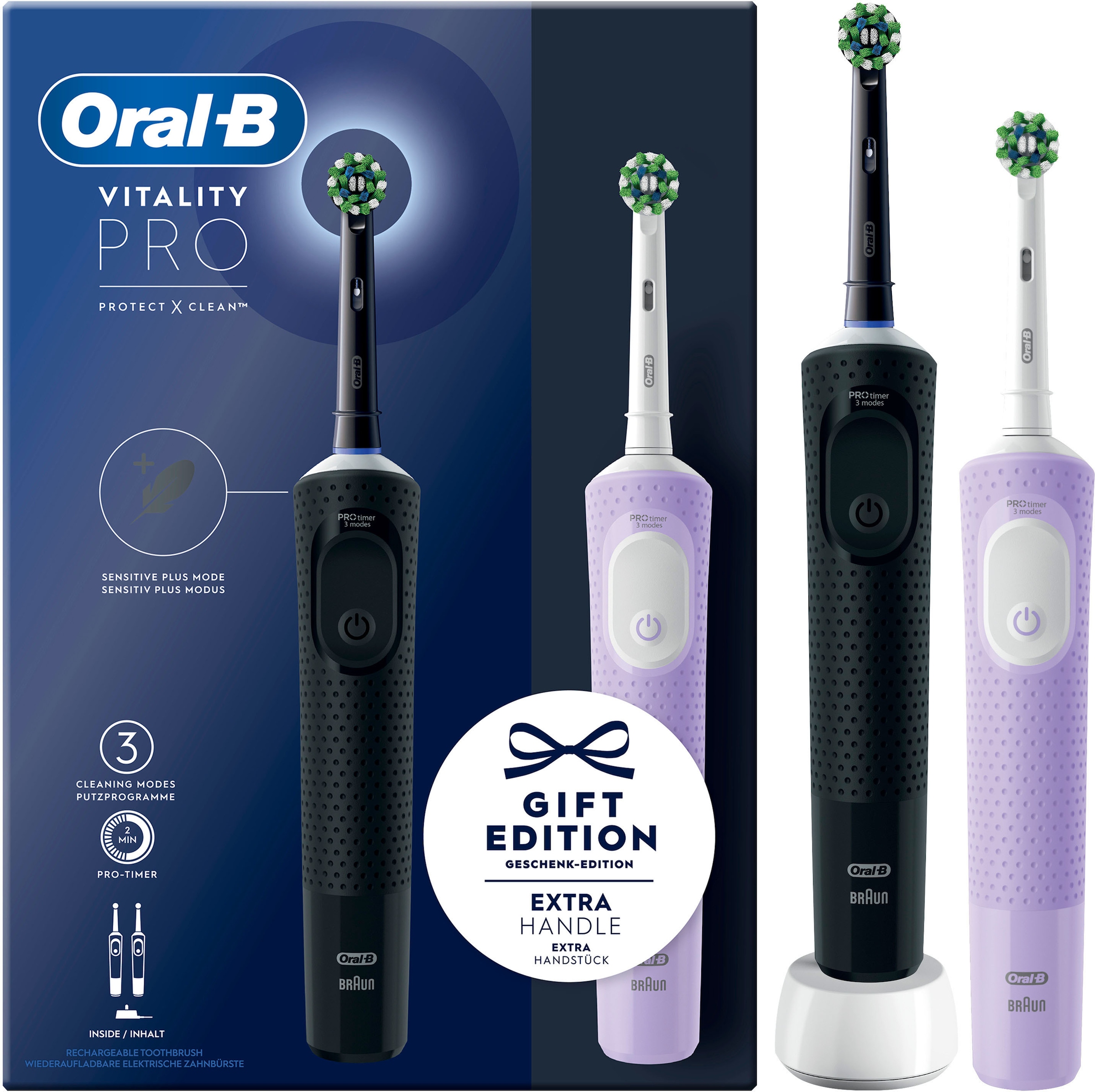 Oral-B Elektrische Zahnbürste »Vitality Pro« 2 Stk. Aufsteckbürsten 3 Putzmodi, Doppelpack