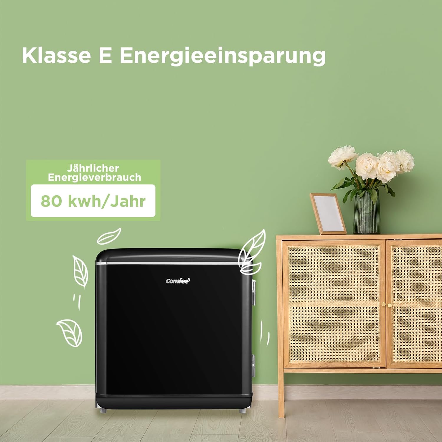 Comfee' RCD50BL2EURT(E) kleiner Kühlschrank, 47 Liter, Retro-Design, Mini-Kühlschrank, Tisch, einstellbarer Thermostat, leise, geeignet für Zuhause, Büro und Hotel, Schwarz [Energieklasse E]