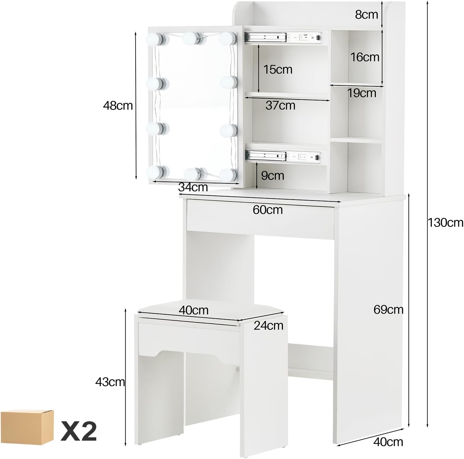TUKAILAI Schminktisch mit Beleuchtung, Weiß Kosmetiktisch mit Schiebespiegel, Großer Schublade & Regalen, Frisiertisch Schmal mit Hocker 60x40x130cm