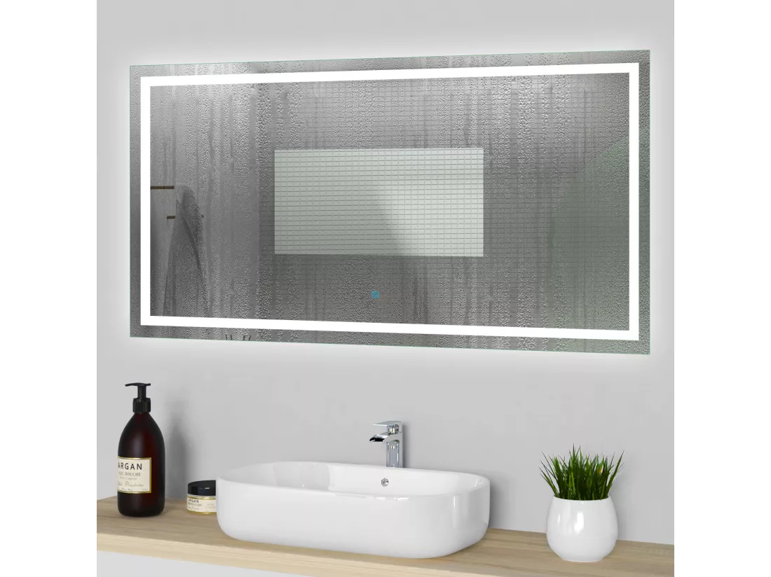 Miroir de salle de bain lumineux l.100 x H.60cm avec Anti-buée, Mural Miroir - Aica