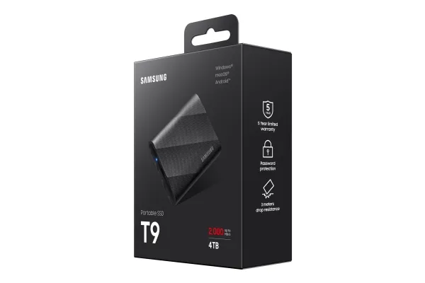 Samsung T9 MU-PG4T0B - SSD - krypteret - 4 TB - ekstern (bærbar) - USB 3.2 Gen 2x2 (USB-C stikforbindelse) - 256-bit AES - sort
