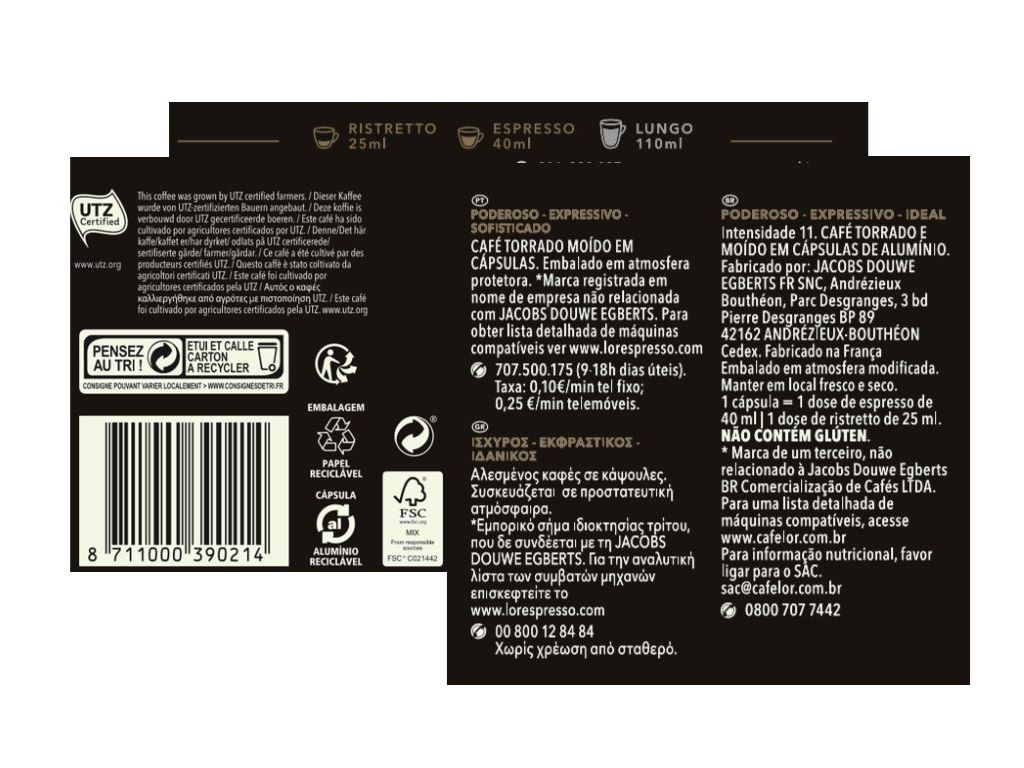 CÁPSULAS L'OR ESPRESSO COMPATÍVEL NESPRESSO CAFÉ RISTRETTO INTENSIDADE 11 40UN