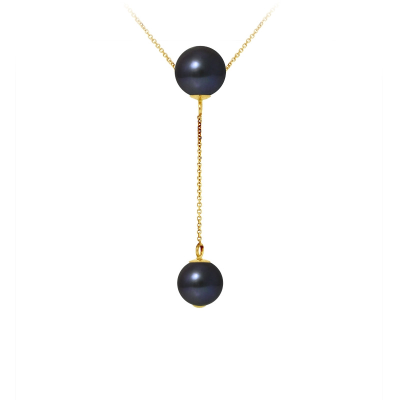 Collier ras du cou Femme 2 Perles de culture d'eau douce Noires 8-9 mm AA et Or jaune 750/1000
