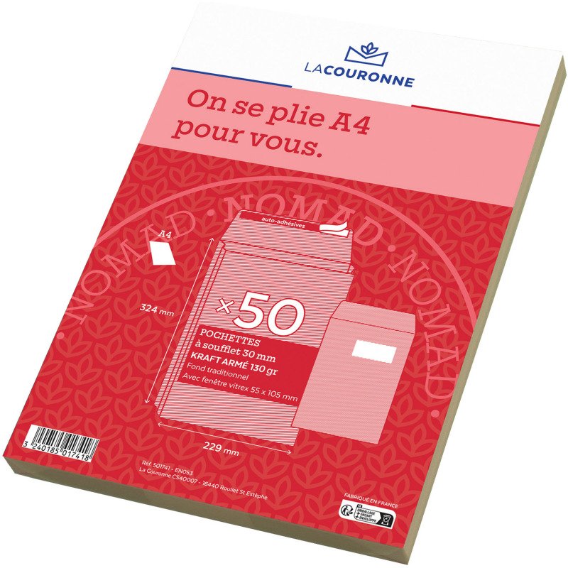 La Couronne - Pochette à soufflets 3 cm kraft brun armé 130 gr 229 x 324 avec fenêtre 50 x 105 mm - Paquet de 50