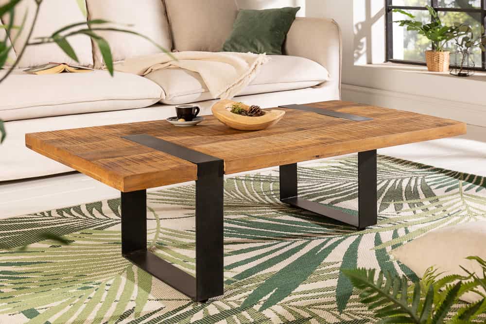 Massiver Couchtisch IRON CRAFT 100cm braun natur Mangoholz schwarz Metall