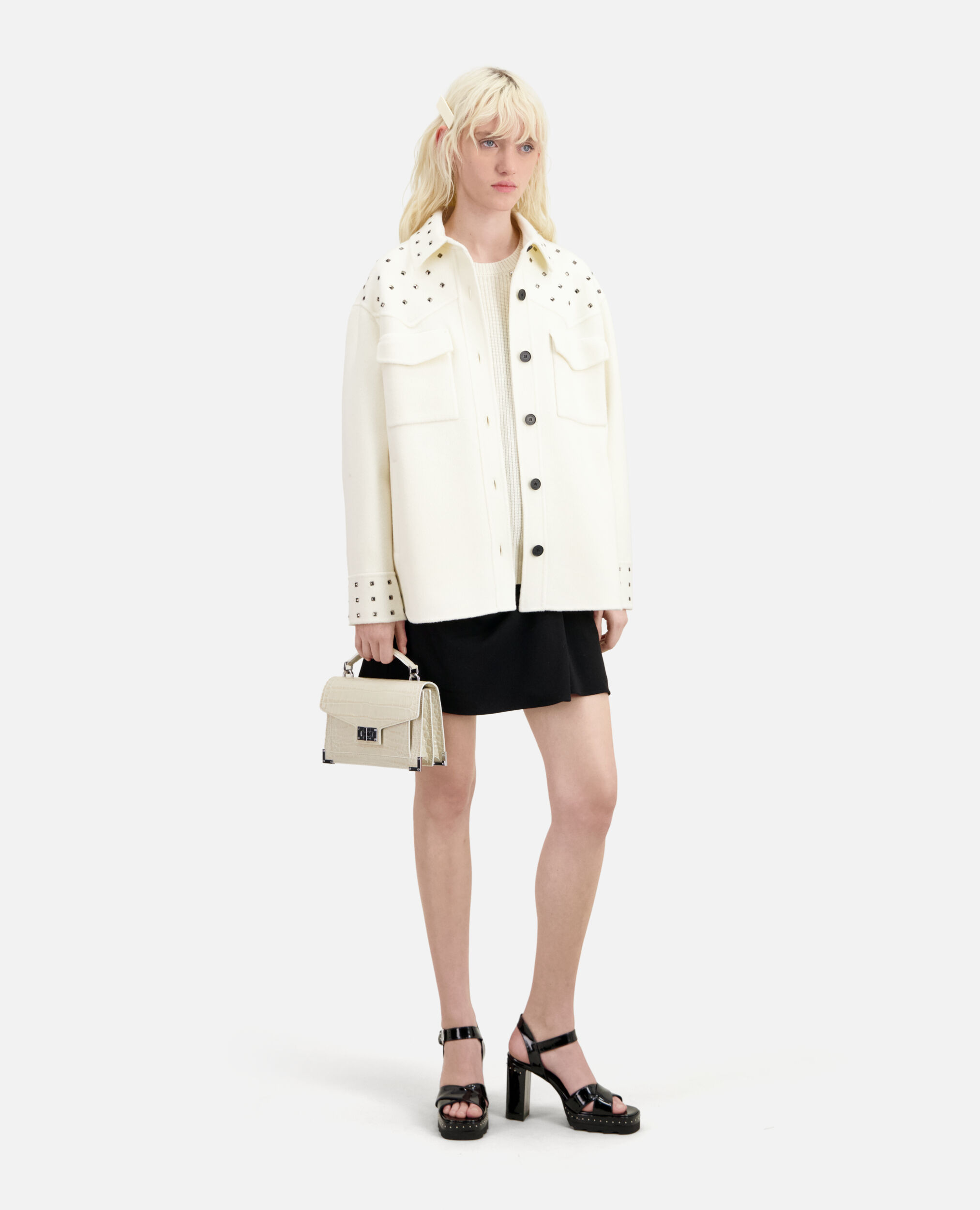 Ecru wool-blend overshirt-style jacket with studs