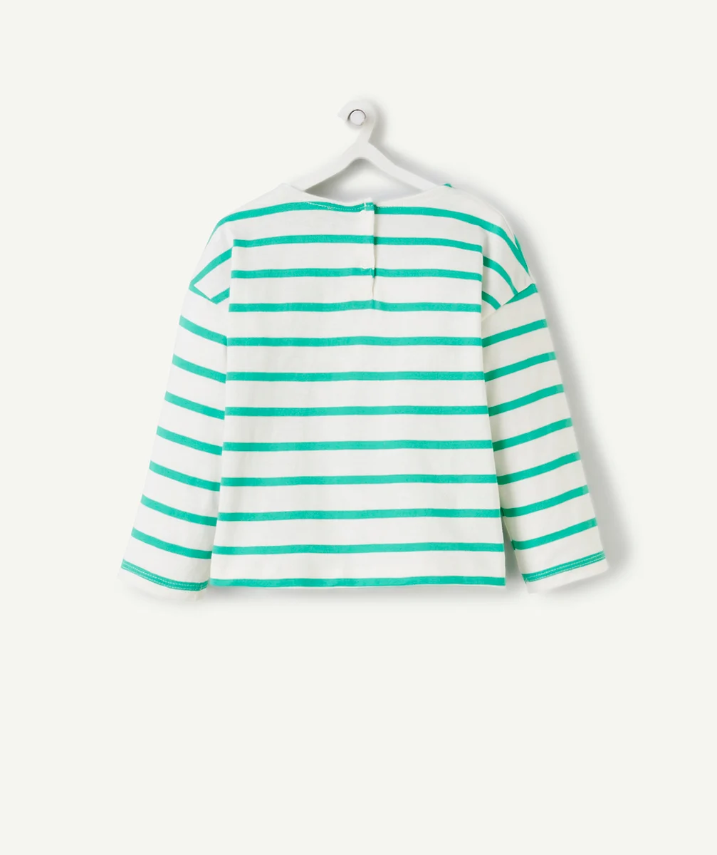 T-SHIRT BÉBÉ FILLE EN COTON BIO BLANC À RAYURES VERTES AVEC PATCH BRODÉ ROSE