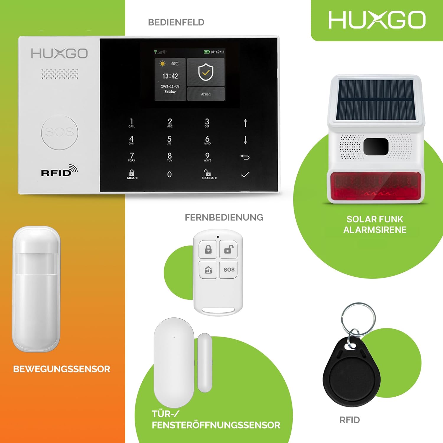 Funk Alarmanlage Set WiFi + GSM mit Alarmsirene HXA005 HUXGO® | Alarm System mit Bewegungsmelder, 12x Fensteralarm/Türsensoren | Alarmanlage fürs Haus, Wohnung, Wohnmobil | Smart Home