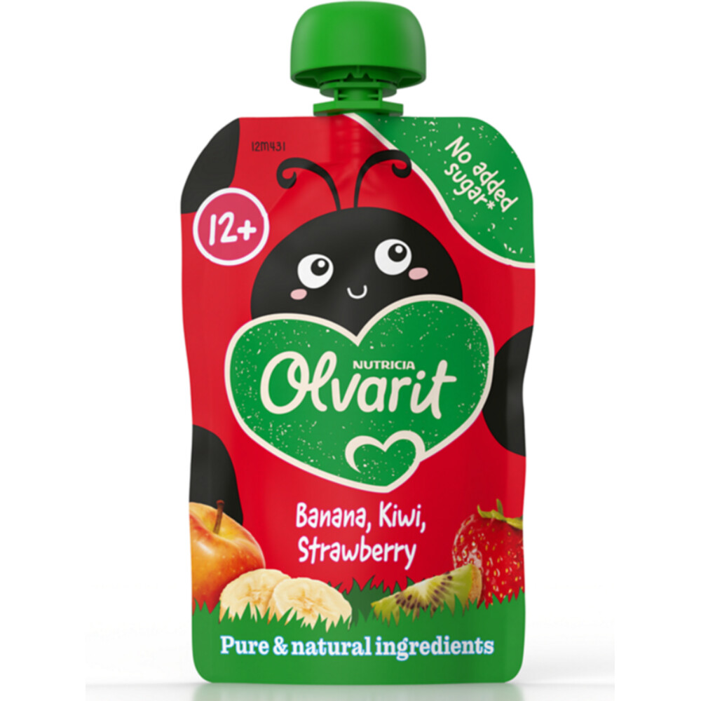 6x Olvarit Knijpfruit 12+m Aardbei Banaan Kiwi100 gr