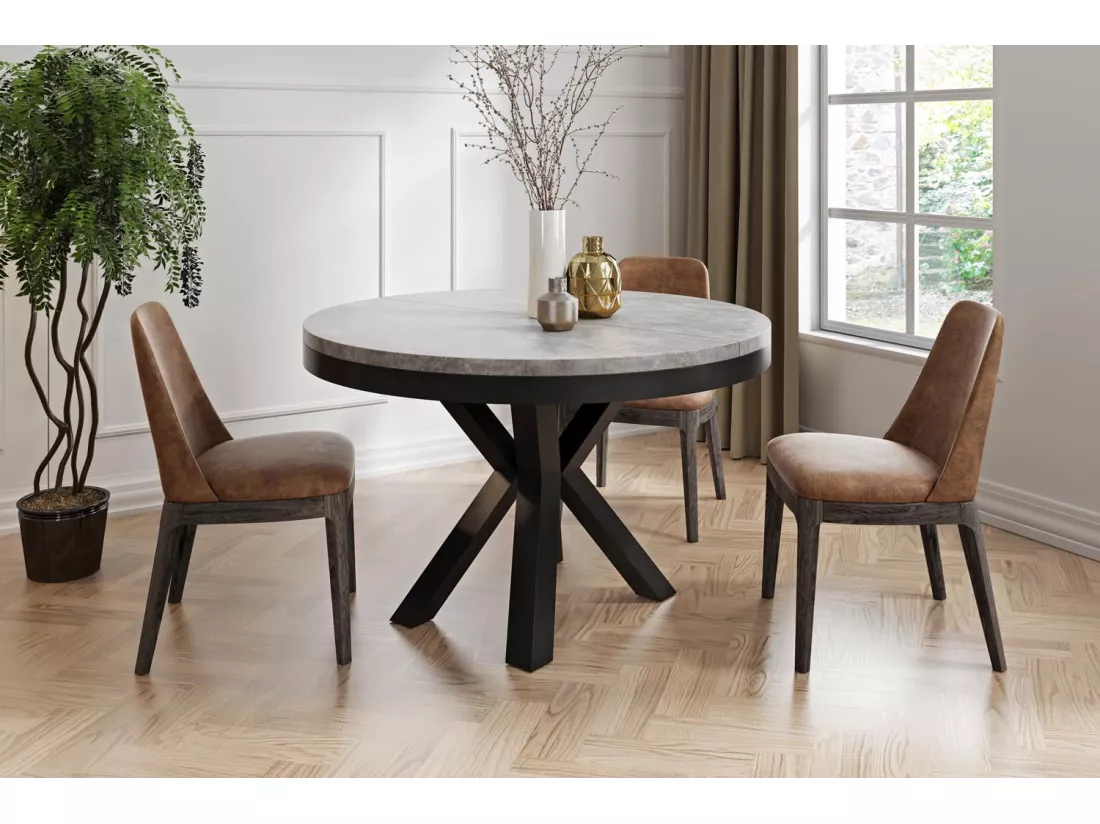 Table à Manger Ronde Extensible Style Loft - Table Industrielle Avec Pieds En Métal Noir - Gain De Place Pour Salon Et Séjour - Gris Béton - Noir - 120 Cm