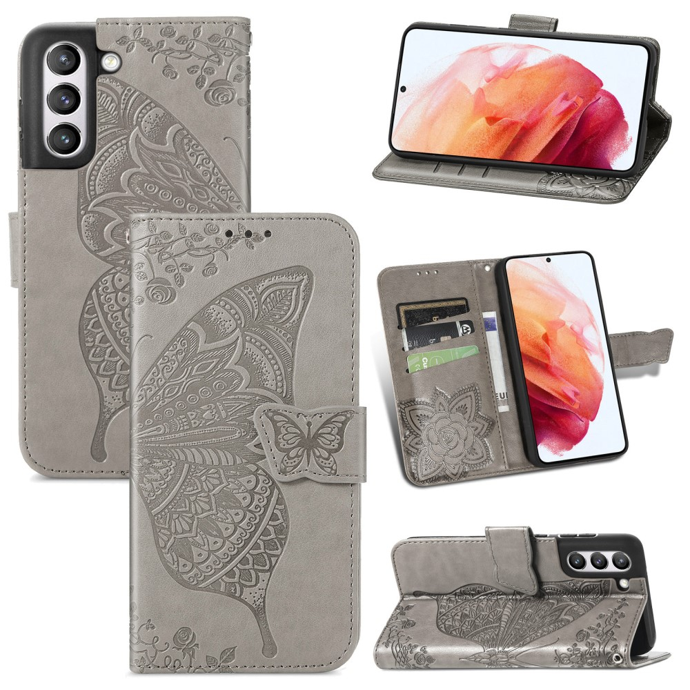 Samsung Galaxy S21 FE 5G Leder Tasche Flip Cover Schmetterlinge Imprint - Grau