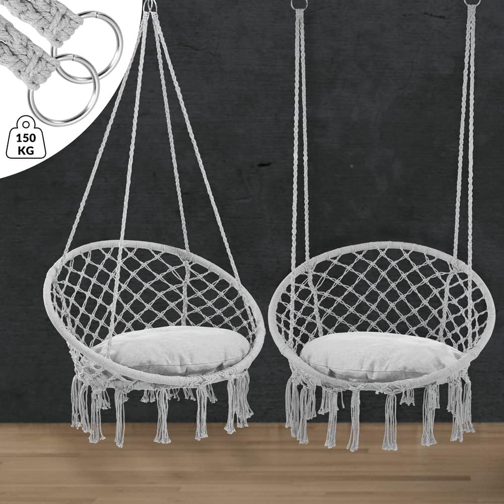 DETEX® Hängesessel bis 150kg Belastbar Boho Stil Wetterfest GS-Zertifiziert Garten 360° Drehbar Grau Hängestuhl Indoor & Outdoor inkl. bequemer Kissen