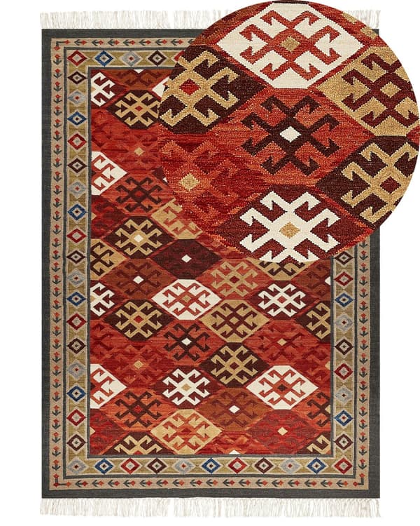 Teppe Flerfarget Ull 200 x 300 cm Kelim Frynser Håndvevd Rustikk Orientalsk design Dekorativt Stue Soverom