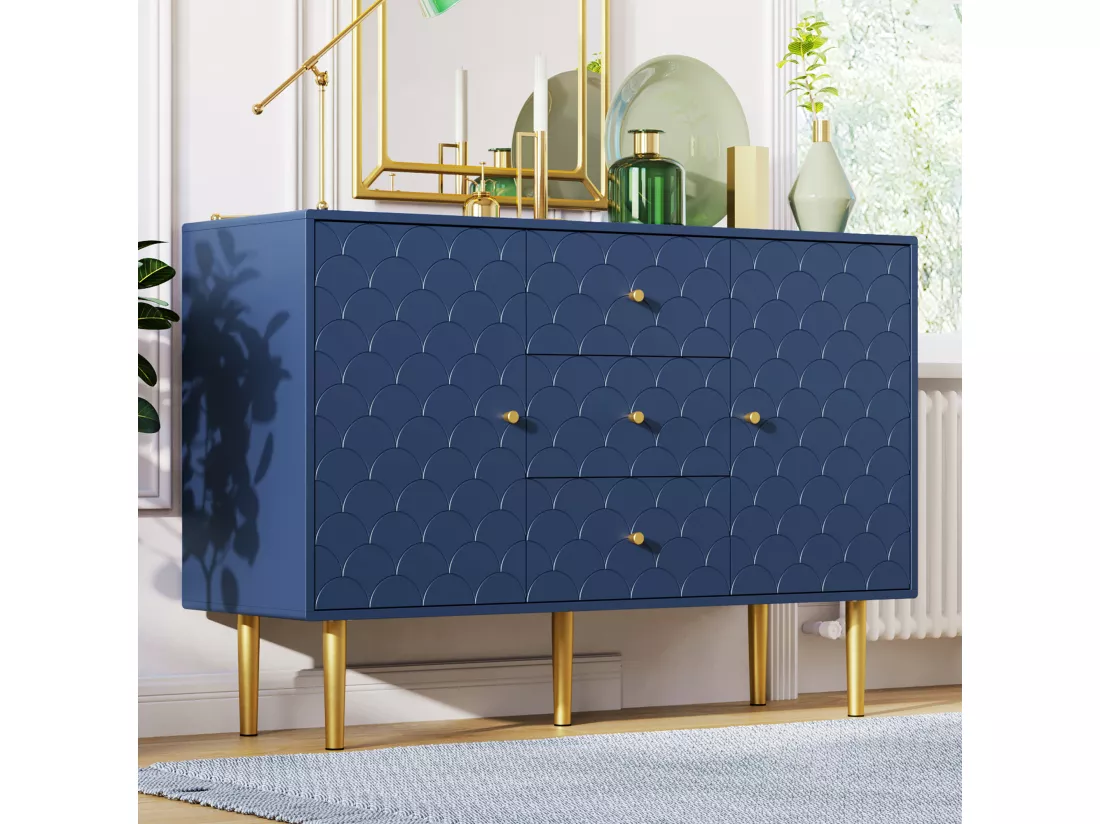 Commode avec 2 portes et 3 tiroirs, Etagère réglable, Bois massif + panneaux de Particules, Bleu marine - H82/L120/P40 cm