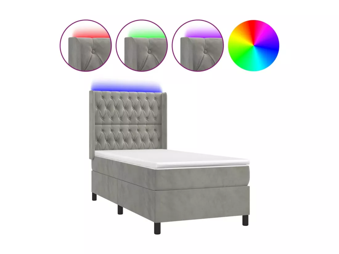 Sommier tapissier et matelas et LED Gris clair 90x190cm Velours