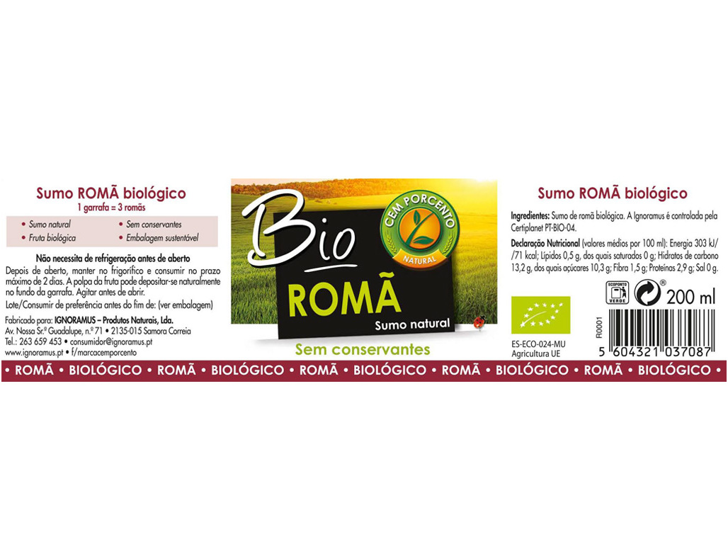 SUMO CEM PORCENTO NATURAL DE ROMÃ BIO 200ML