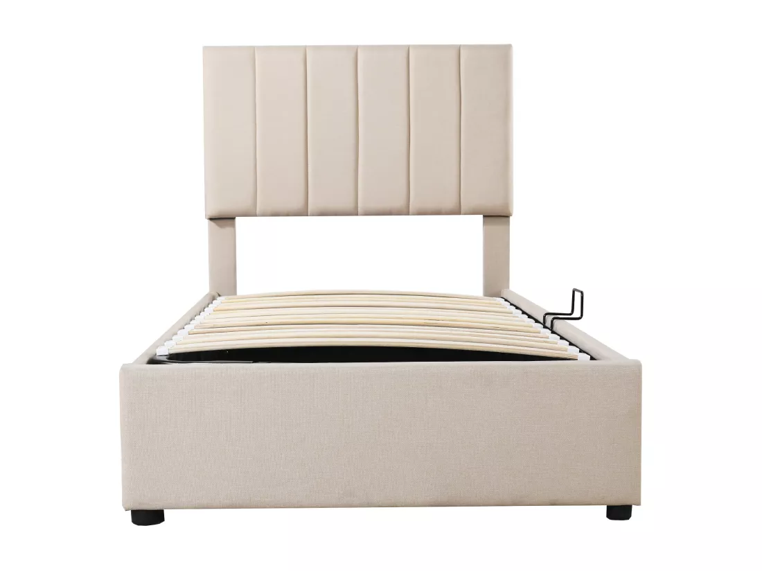 Lit coffre 90 x 200 cm, tissu en lin, coloris beige