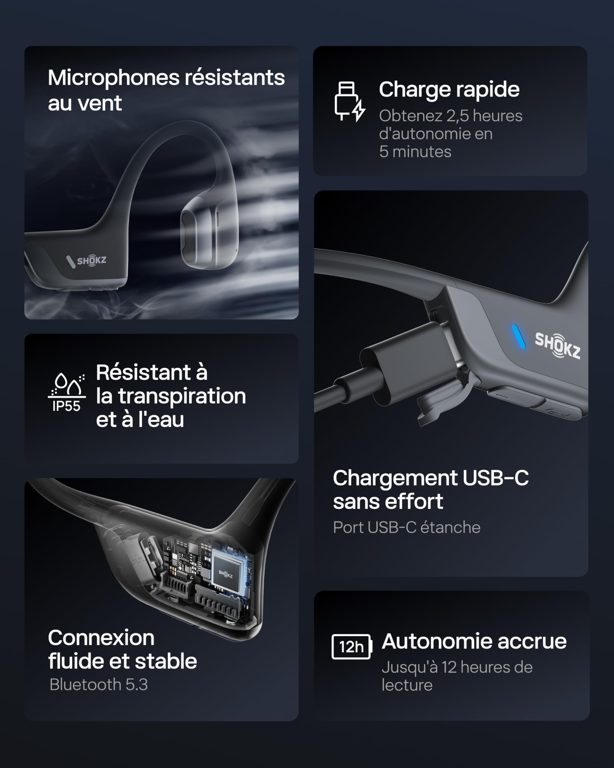 SHOKZ Casque à Conduction Osseuse OpenRun Pro 2 Mini, Écouteurs sans Fil Bluetooth 5.3, Microphones Réducteurs de Bruit, Étanchéité IP55, 12h d’Autonomie, Charge Rapide USB-C, Noir