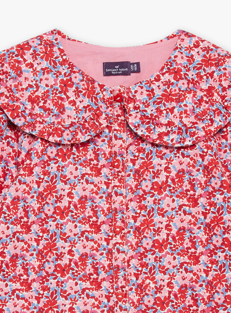 Chemisier rose, rouge et lilas à imprimé fleuri en twill gratté