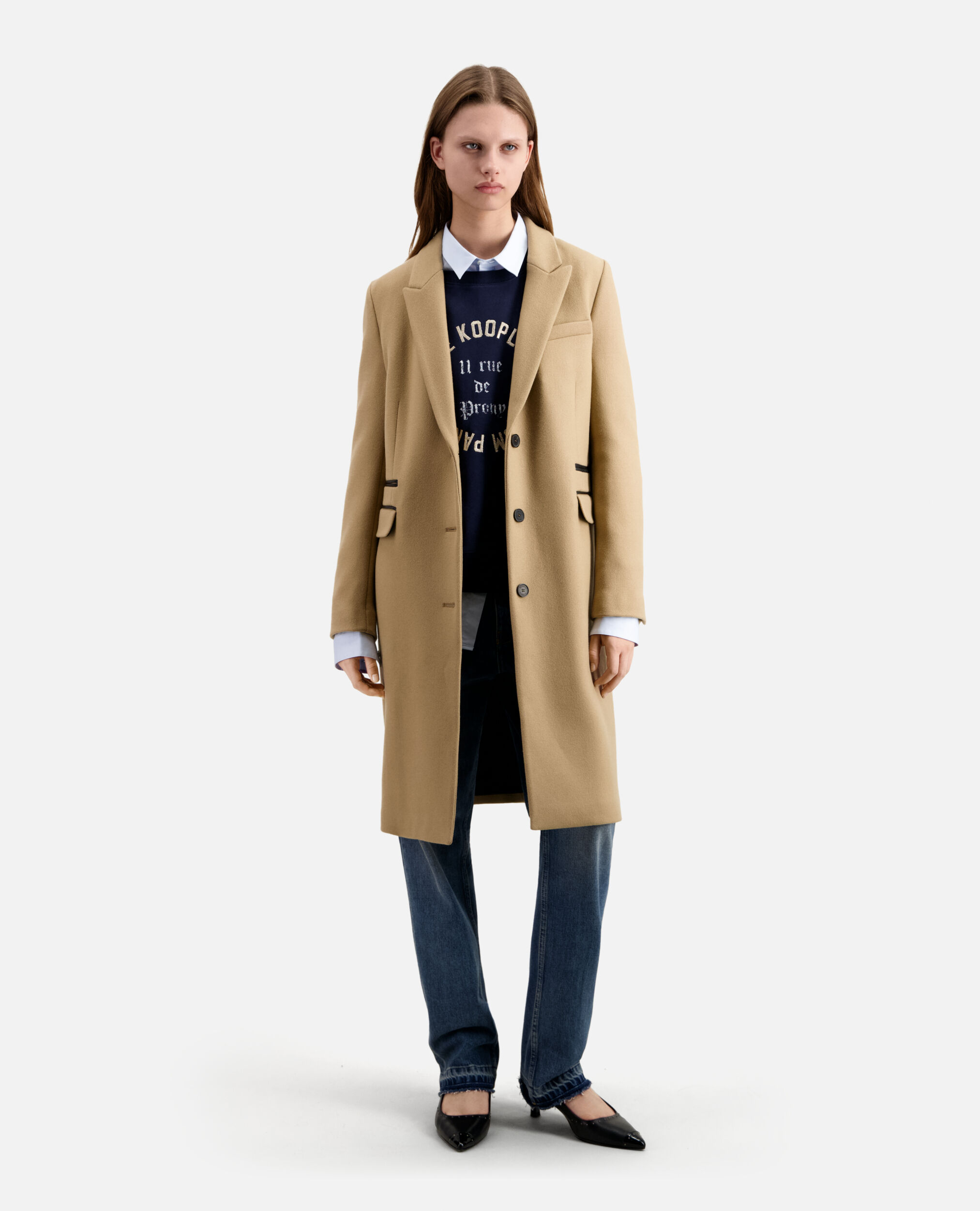 Long camel coat in wool blend