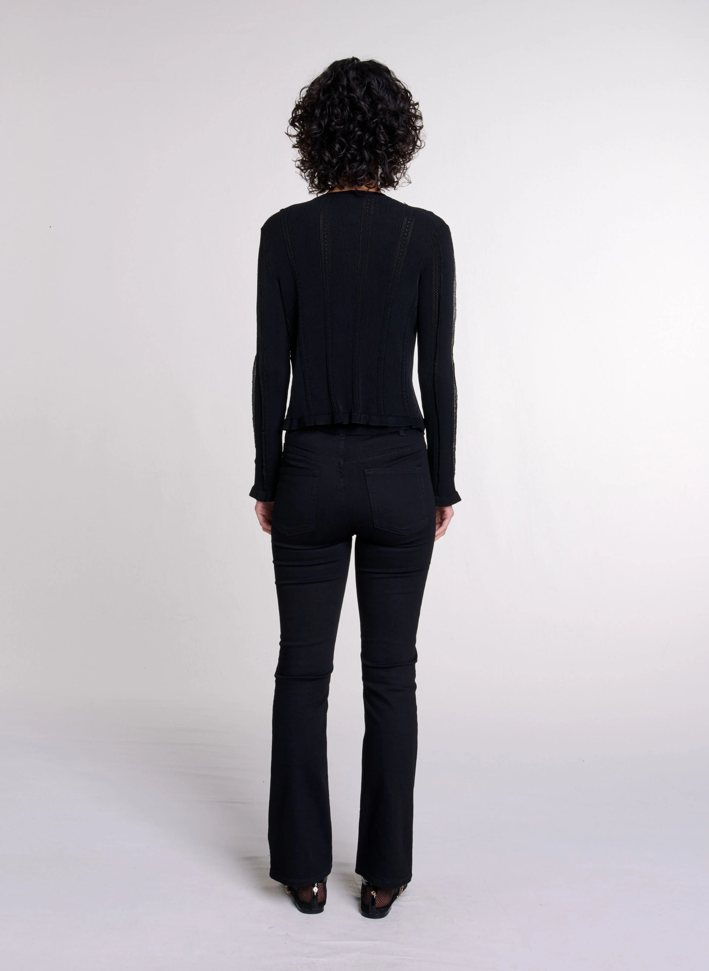 Cardigan droit col rond en maille ajourée | Noir