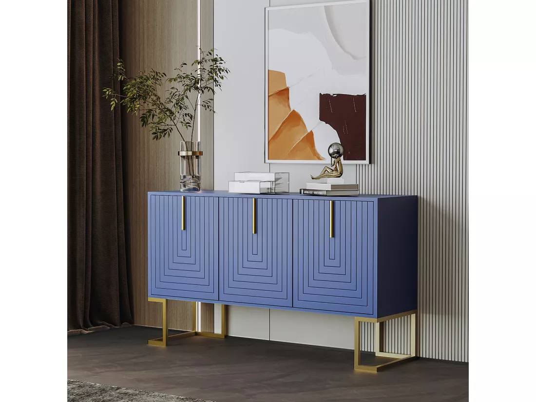 Buffet moderne avec étagères réglables - 3 portes à motif de U - poignées et base en métal - Bleu