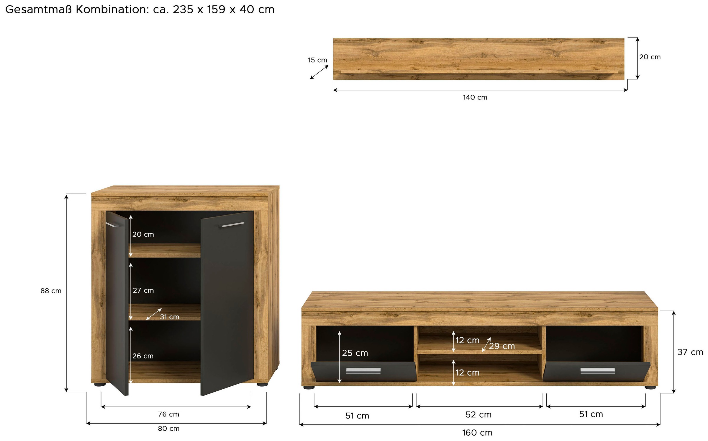 INOSIGN Wohnwand »Aosta, Breite 255cm, bestehend aus Highboard, Lowboard, Wandboard« 3 Stk. tlg.