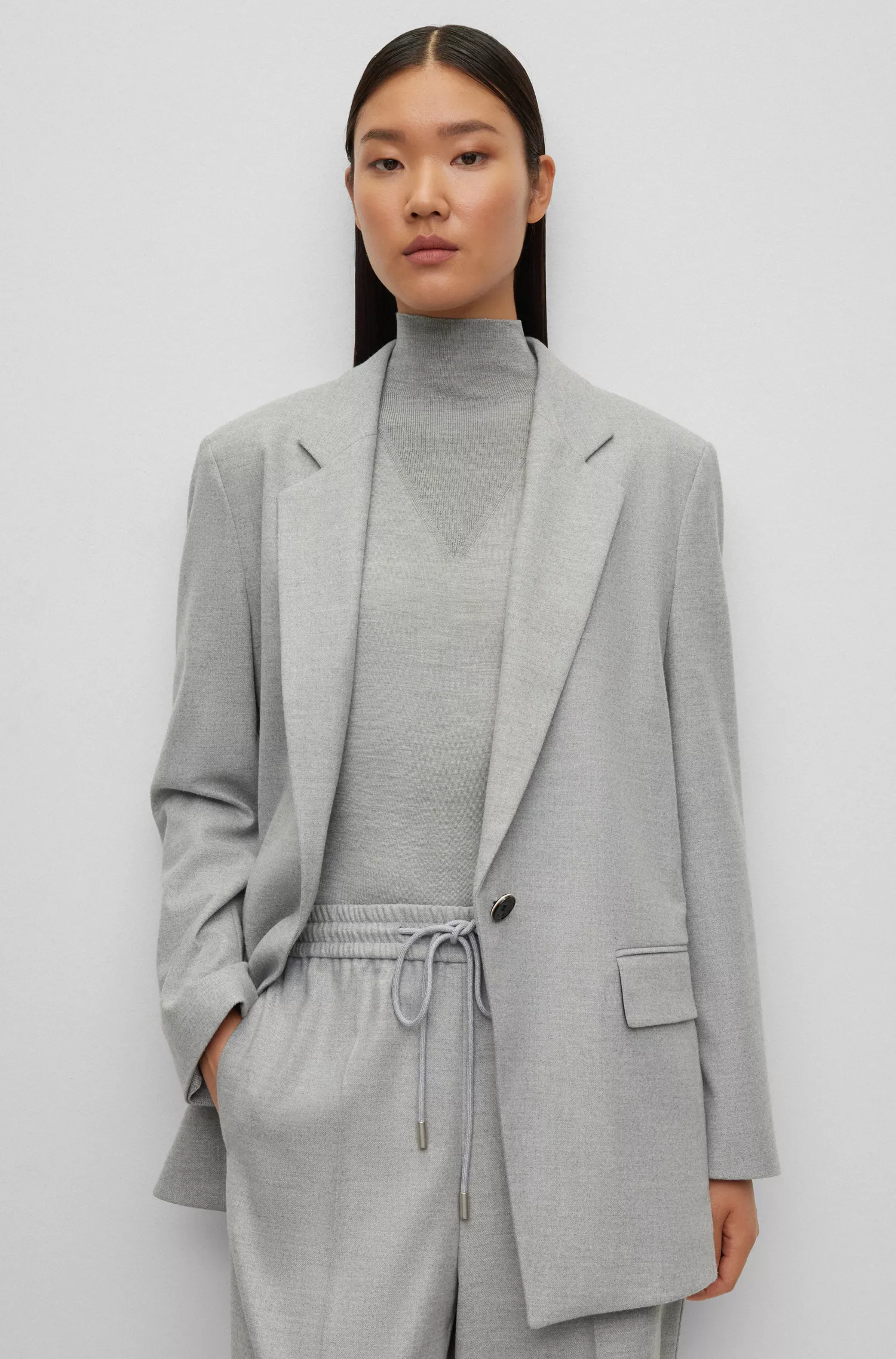 Jaqueta BOSS preta de modelagem oversized com um botão em flanela mesclada.
